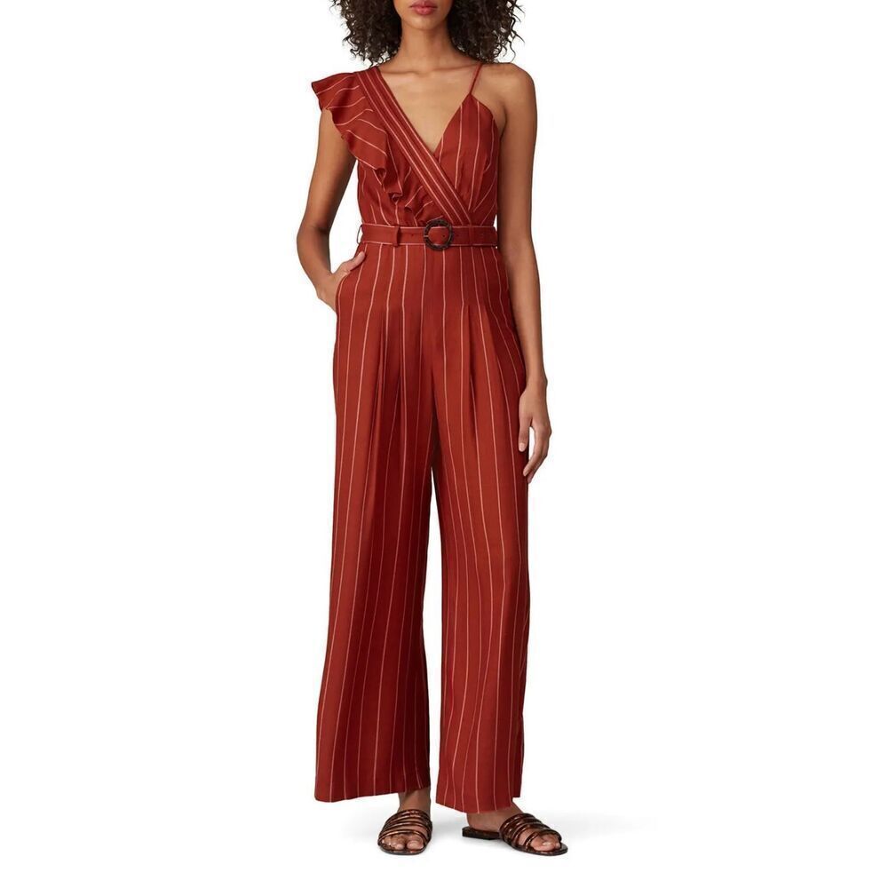 Three Floor Margaux Jumpsuit Rust Striped One-Shoulder Ruffle Belted Size 4